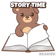 a cartoon of a teddy bear reading a book with the words story time beneath it