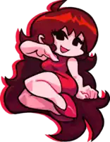a cartoon of a girl with long red hair and a red dress .