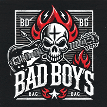 a bad boys logo with a skull and guitar