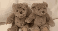 two teddy bears sitting next to each other on a bed .