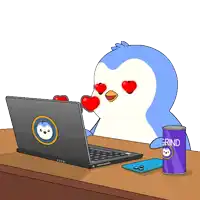 a penguin with hearts in its eyes is looking at a laptop next to a can that says grind