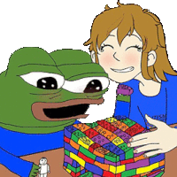 a cartoon of a girl and a frog holding a box of lego