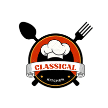 a logo for a classical kitchen with a chef 's hat and fork