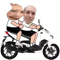 a cartoon of two men riding a motorcycle with their faces on the back