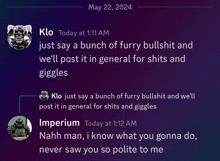 a screenshot of a conversation between clo and imperium on may 22 2024