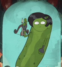 a green pickle with a bow and arrow