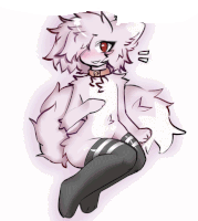 a drawing of a white furry animal with a collar and black socks