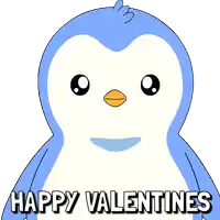 a blue penguin with hearts in its eyes and the words happy valentines below it