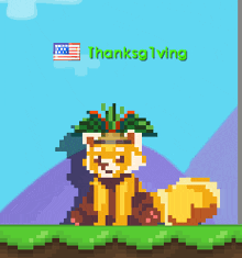 a pixel art of a fox wearing a native american headdress with the words thanksgiving above it