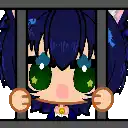 a pixel art of a girl with blue hair and green eyes behind bars