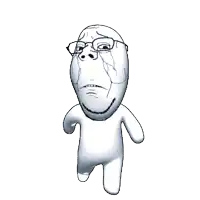 a white cartoon character with glasses and a sad face