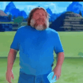 a man with a beard wearing a blue shirt and blue shorts