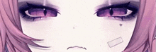 a close up of a girl 's face with purple eyes and a patch on her face .