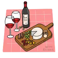 a drawing of a cutting board with a bottle of wine and cheese