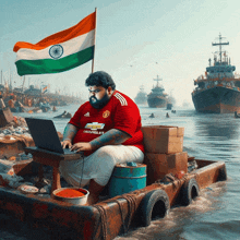 a man wearing a red chevrolet shirt sits on a boat