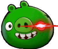 a green angry bird with a red laser beam coming out of its eye