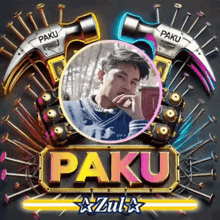 a picture of a man surrounded by nails and a hammer that says paku