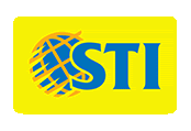 a yellow and blue logo for sti with a globe on it