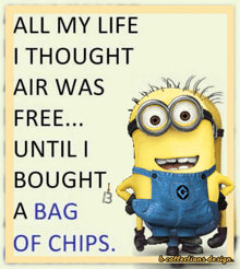 a picture of a minion with the words all my life i thought air was free until i bought a bag of chips on it