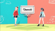 two anime girls are dancing in front of a tv screen that says marpril