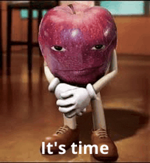 a cartoon apple with arms and legs is sitting on the floor with its head down .