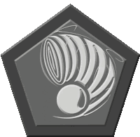 a black and white emblem with a swirl and a ball in the center