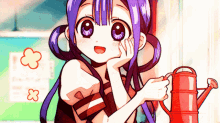 a girl with purple hair and big eyes is holding a red watering can