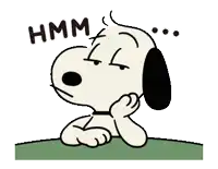 a cartoon of snoopy with his eyes closed and a hand on his chin says hmm .