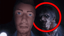 a close up of a man 's face next to a picture of a zombie with a red circle around it