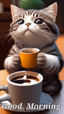 a cat is holding a cup of coffee and pouring it into a cup .