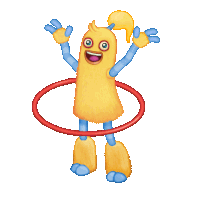 a cartoon character with blue arms and legs is holding a red hula hoop