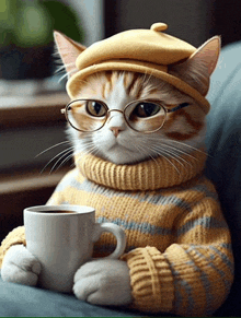 a cat wearing glasses a hat and a sweater holds a cup of coffee