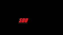 a red sdu logo is displayed on a black background