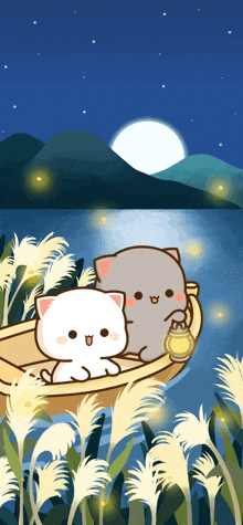 two cartoon cats are in a boat on a lake