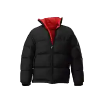 a black padded jacket with a red collar