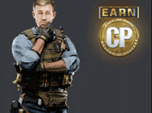 a man stands in front of a gold coin that says earn cp