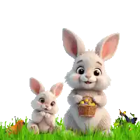 two rabbits are sitting in the grass holding baskets of eggs