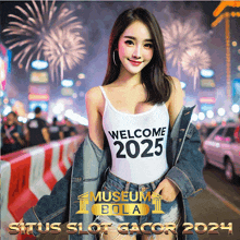 a woman wearing a white tank top that reads welcome 2025