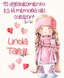 a picture of a girl with a cat and the words linda tarde