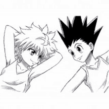 a black and white drawing of two anime characters , gon and killua , sitting next to each other .