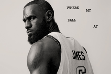 a black and white photo of lebron james with the words " where my ball at "