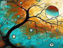 a colorful painting of a tree with circles and a red sun in the background .