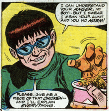 a comic strip shows a man asking for a piece of chicken while wearing glasses