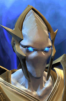 a close up of a video game character 's face with glowing blue eyes