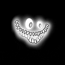 a black and white drawing of a smiley face with teeth and eyes