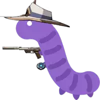 a purple worm with a hat and a gun