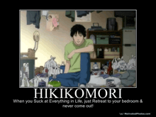a poster that says ' hikikomori ' on it with a picture of a man