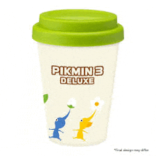 a coffee cup with a green lid that says pikmin 3 deluxe