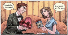 a cartoon of a man giving a woman a heart shaped box of chocolates and nuts .