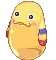 a pixel art drawing of a yellow egg with a mustache and red arms .